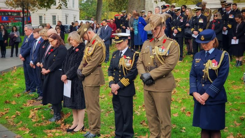Pausing for two minutes silence during the Remembrance Day service at the Australian War Memorial at Hyde Park Corner, London. Photo: Lieutenant Commander John A Thompson