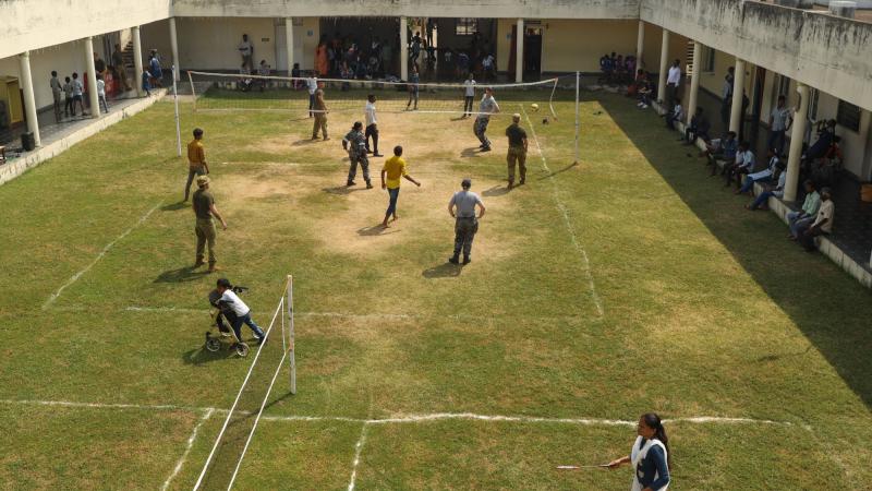 Personnel from HMA Ships Adelaide and Anzac interact with children and personnel from Campus Challenge at Visakhapatnam, India, during Indo-Pacific Endeavour 2022. Photos: United States Marine Corps Staff Sergeant Antonio De La Fuente
