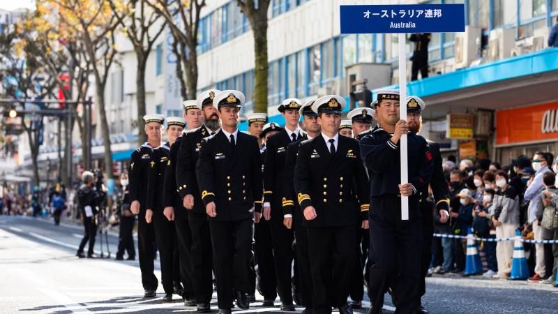 Royal Australian Navy personnel from HMA Ships Hobart, Stalwart and Farncomb march during the International Fleet Review 2022 parade in Yokosuka, Japan. Photos: Leading Seaman Daniel Goodman