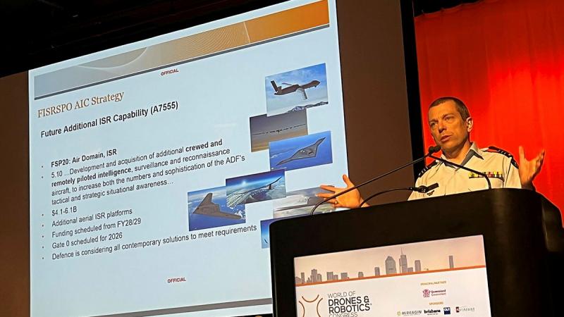 Wing Commander Keirin Joyce, Program Chief Engineer of Air Force’s Future Intelligence, Surveillance and Reconnaissance Systems Programs Office at the World of Drones and Robotics Congress. 