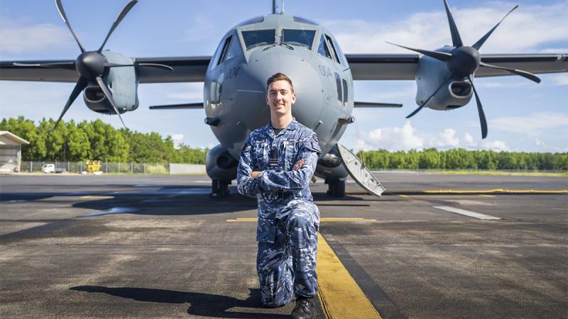Flight Lieutenant Jayden Hasemann, from 35 Squadron, at Pohnpei International Airport, Micronesia. Photo: Leading Aircraftman Sam Price