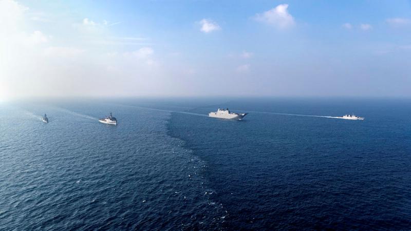 HMA Ships Adelaide and Anzac conduct Officer of the Watch Manoeuvres with Indian Navy Ships Jalashwa and Kavaratti. Photo: Leading Seaman Jarryd Capper