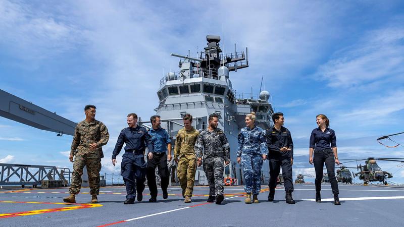 Representatives from Australia, United States, United Kingdom, New Zealand, and Canada work together as part of Indo-Pacific Endeavour 2022. Photo: Leading Seaman Nadav Harel