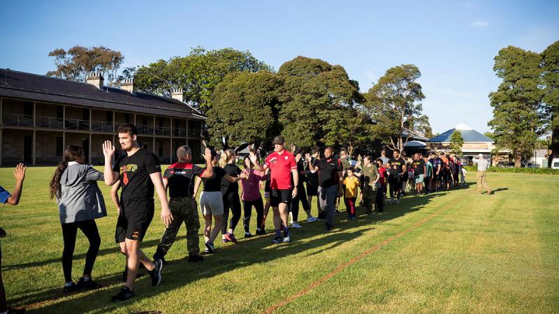 Army personnel with youth from the Indigenous Tribal Warrior program at Victoria Barracks, Sydney, NSW. Photo: Major Jesse Robilliard