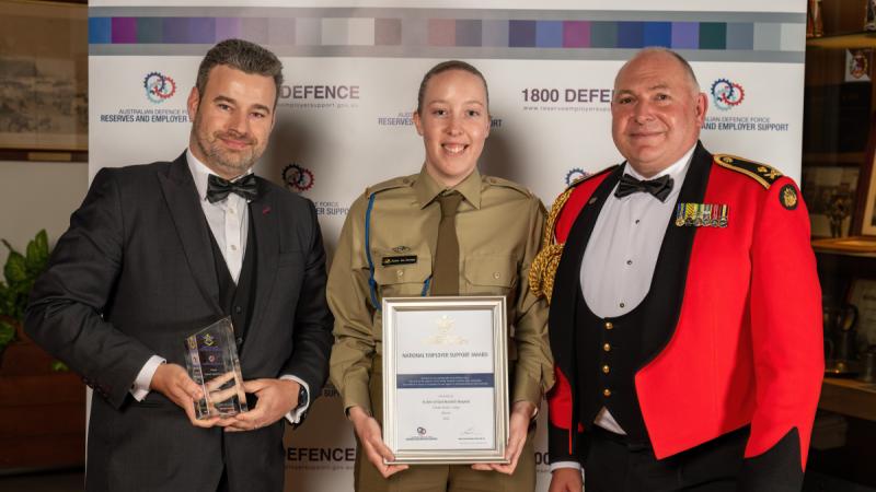 Major General Douglas Laidlaw with Signaller Emma-Lee Jeavons and St John of God Murdoch Hospital’s Ben Dellar at the National Employer Support Awards.   