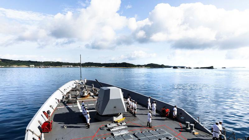 HMAS Hobart enters the port of Okinawa, Japan, during a regional presence deployment. Photo: Leading Seaman Daniel Goodman
