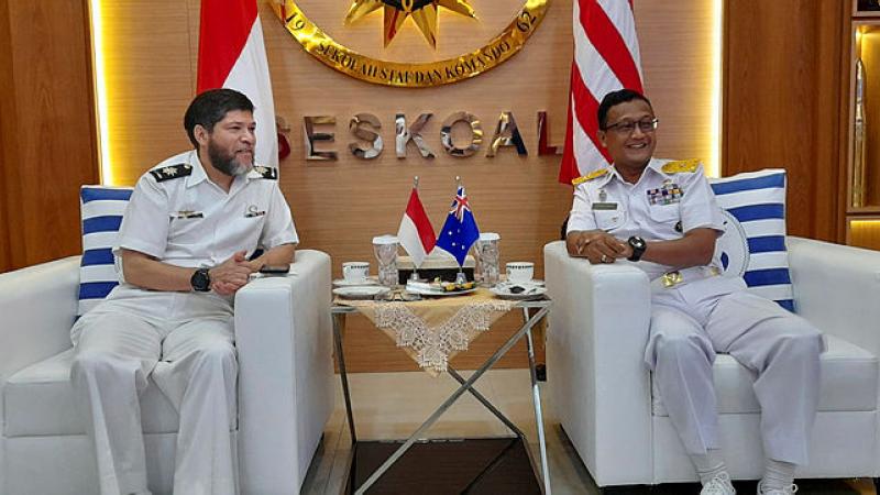 Royal Australian Navy Chaplain Majidih Essa chats with First Admiral Didong Rio at the Indonesian Naval Command and Staff College during Indo-Pacific Endeavour 2022.