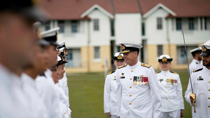 Chief of Navy, Vice Admiral Mark Hammond inspects members of New Entry Officers Course 67 during their graduation ceremony at HMAS Creswell, ACT. Photo: Leading Seaman Ryan Tascas