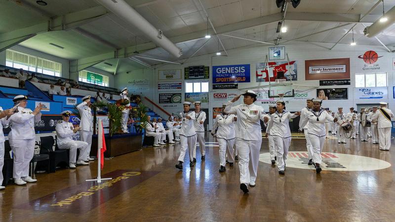 Graduates of the Navy Indigenous Development Program march on parade at the Early Settler Stadium in Cairns, Queensland. Photo: Leading Seaman Shane Cameron