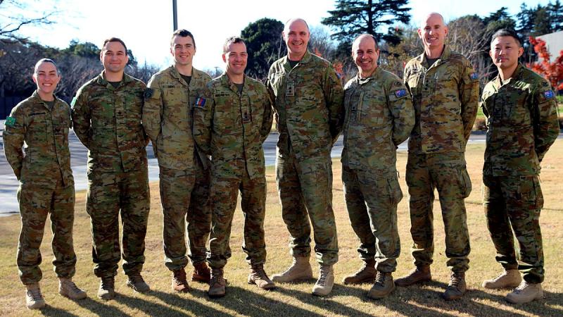 Linguists deployed to Exercise Yama Sakura. From left, Corporal Stephanie Schuurmans, Major Peter Gojkovic, Major Chris Dent, Lieutenant Colonel Morgan McCarthy, Lieutenant Colonel Rob Tierney, Major John Howlett, Captain Steve Clements and Corporal Yuki Masaoka. Photo: Captain Jess O’Reilly