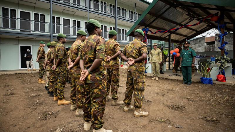 Papua New Guinea Defence Force sappers parade for their trade certificates during the opening ceremony of Takuru accommodation building at Igam Barracks. Photo: Brigadier Guy Sadler