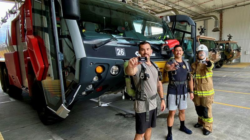 From left, Leading Aircraftman Luke Seaton, Corporal Kerry Cane and Leading Aircraftwoman Amber Herz of 23 Squadron Firefighters, before the 60 kilometre breathing apparatus walk. Photo: Leading Aircraftman Timothy Shorter