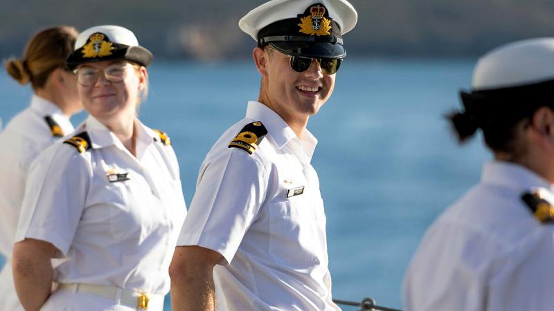 Sub Lieutenant Paige Vernon-Smith and Lieutenant Nicholas Coxsedge stand at ease on board HMAS Arunta as the ship returns home to Fleet Base East in Sydney after a regional presence deployment. Photos: Leading Seaman Susan Mossop