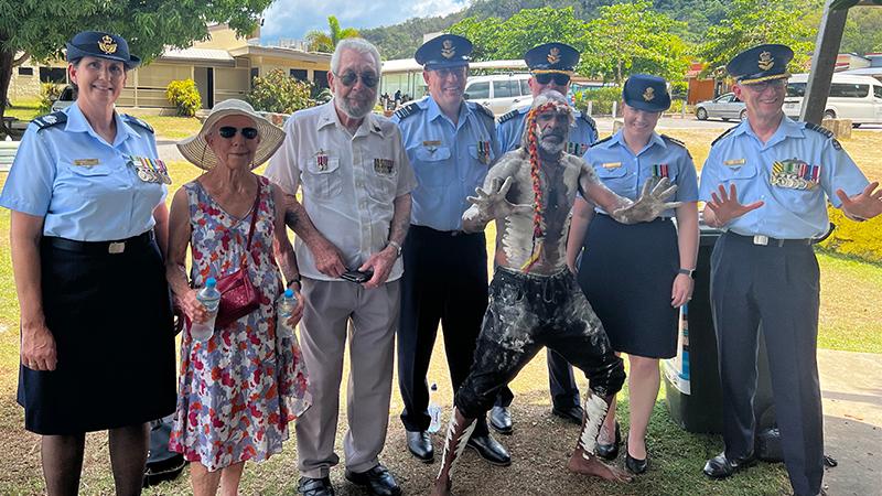 From left: Warrant Officer Indigenous Affairs Trish Mackintosh, Dianne Jeffreys, John Jeffreys, Chaplain David Kelly, Group Captain Peter Gibb, Graham Willis, Flight Lieutenant Katie Taylor, and Group Captain Peter Davies, Chief of Staff Air Combat Group at the Palm Island Commemoration.