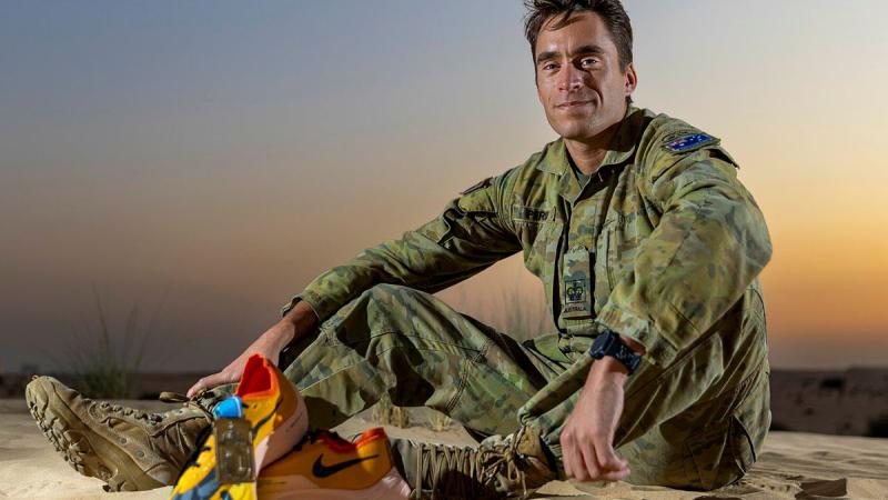 Warrant Officer Class Two Kieren Perkins, who is deployed on Operation Accordion, is training for marathon in the heat of the Middle East. Photo: Corporal Jacob Joseph
