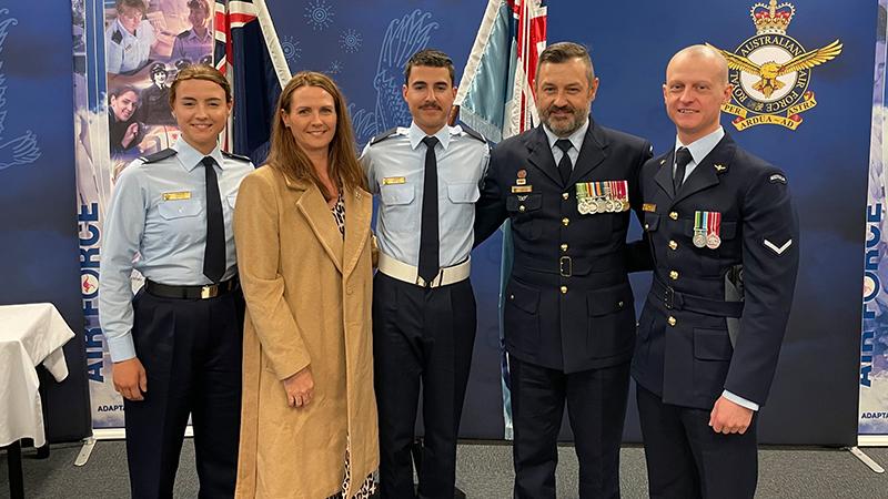 From left: Aircraftwoman Grace Rhone, Jodie Rhone, Aircraftman James Rhone, Warrant Officer Chris Rhone and Leading Aircraftman Mitchell Rhone, at No 1 Recruit Training School Graduation 15/22 at RAAF Base Wagga, NSW. Photo: WOFF Chris Rhone