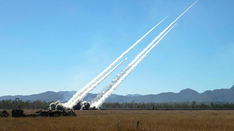 High Mobility Artillery Rocket Systems of the United States Army and United States Marine Corps launch during a firepower demonstration held at Shoalwater Bay training area, Queensland, during Talisman Sabre 2021. Photo: Warrant Officer Class Two Max Bree