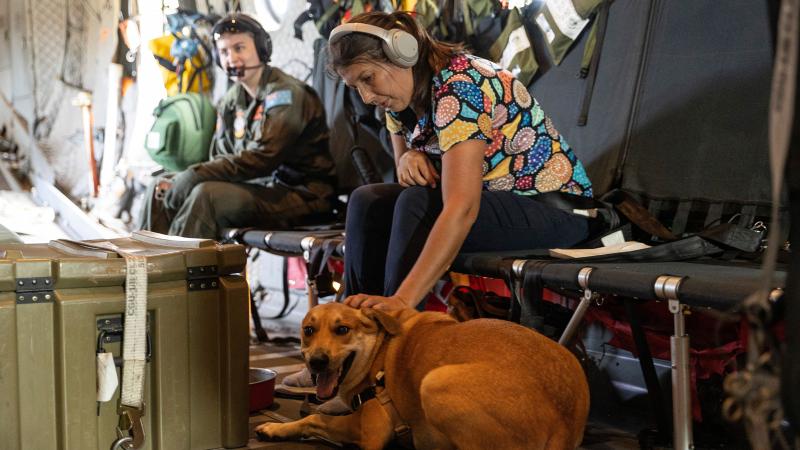 Doctor Carolyn Chapman and her dog Silo fly on a Royal Australian Air Force C-27J Spartan aircraft from Derby to Broome in the Kimberley Region where heavy rainfall from Ex-Tropical Cyclone Ellie has isolated communities. Photo: Leading Seaman Jarrod Mulvihill