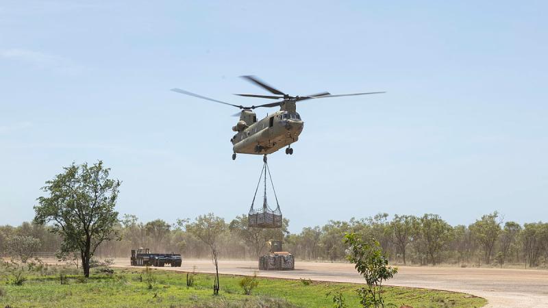 An Australian Army CH-47F Chinook conducts an external lift of aviation fuel to transport it to Nerrima Station in the Kimberley Region. Photo: Leading Seaman Jarrod Mulvihill