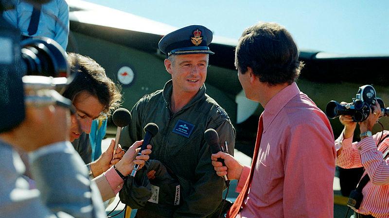 Then Group Captain Jake Newham talks to the waiting media after leading the ferry flight of six A8 F111s from Fort Worth, Texas, to Amberley, Australia. 