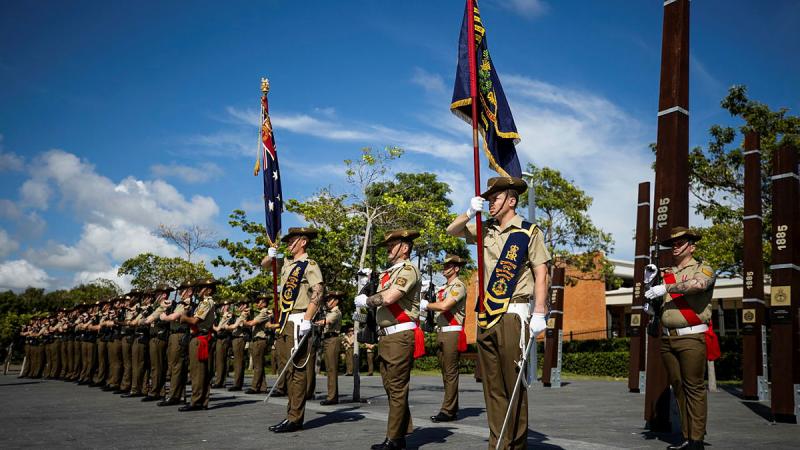 Soldiers from 3rd Battalion, The Royal Australian Regiment, on parade during the Australia Day flag raising ceremony at Jezzine Barracks, Townsville. Photo: Bombardier Guy Sadler