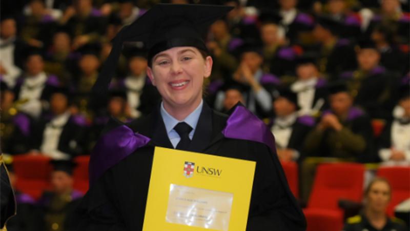 Flying Officer Jessica Williams on graduation day from the Australian Defence Force Academy (ADFA) on December 8, 2022 after entering via the Air Force’s Aviator Access to the Academy (AAA) Scheme in 2020. Photo: Scene To Believe – photography