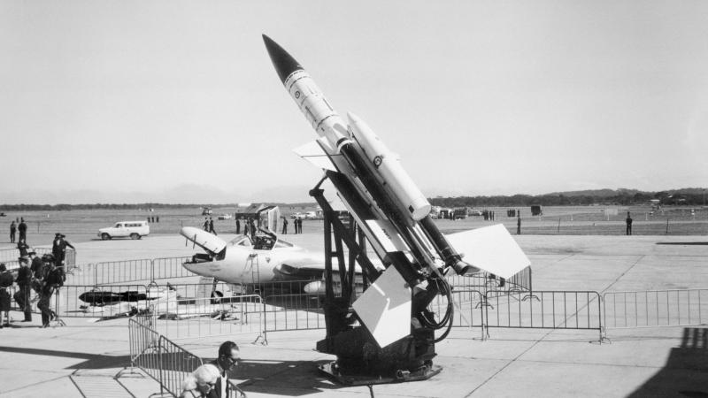 A Bristol Bloodhound surface-to-air missile on display in Williamtown, NSW, during Air Force week in 1966.  Photo: Courtesy AWM P00448.034