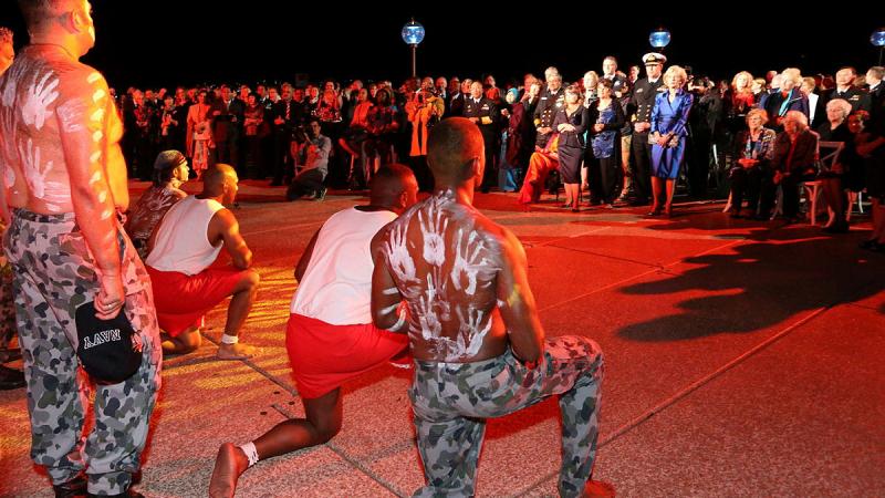 The Navy Indigenous Performance Group performs at the Chief of Navy reception for the 2013 International Fleet Review held at Sydney Opera House. Photo: Able Seaman Dove Smithett