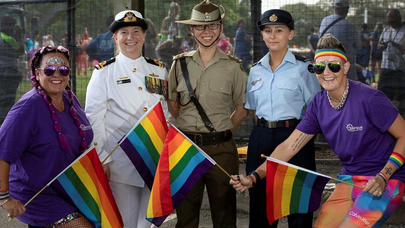 Defence members and Defence LGBTI Information Service members before last year's march at the SCG. From left, Tanya McGee, Lieutenant Rachael Cosgrove-White, Captain Ashley Ngion, Aircraftwoman Katie Luff and Tracey Monaghan. Photo: Corporal Kylie Gibson