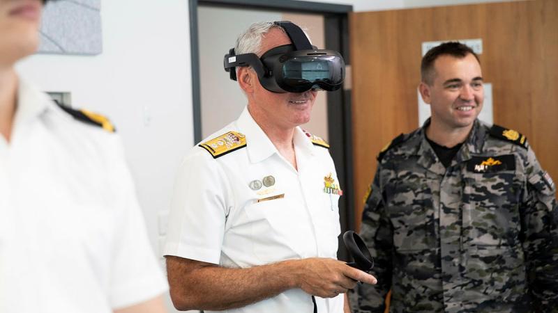 Commander Australian Fleet Rear Admiral Chris Smith tests a Defence Force Recruiting virtual reality headset at Russell Offices in Canberra. Photo: Leading Seaman Tara Morrison