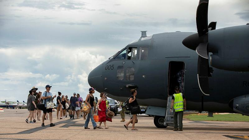 An Air Force C-27J Spartan transported 41 teachers from Fitzroy Valley High School and Bayulu School from Broome to Fitzroy Crossing for the start of the 2023 school year. Photo: Leading Aircraftwoman Kate Czerny