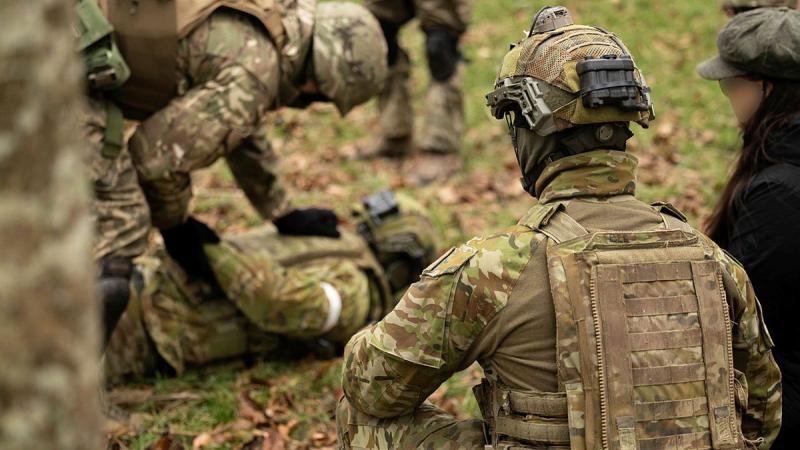 Ukrainian trainees conduct captured personnel handing and searching during Operation Kudu. Photos: Corporal Jonathon Goedhart