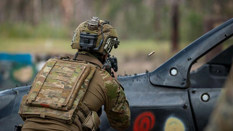 A soldier engages a target with an EF88 Austeyr as part of combat shooting serials during Exercise Ram Shot. Photo: Corporal Nicole Dorrett