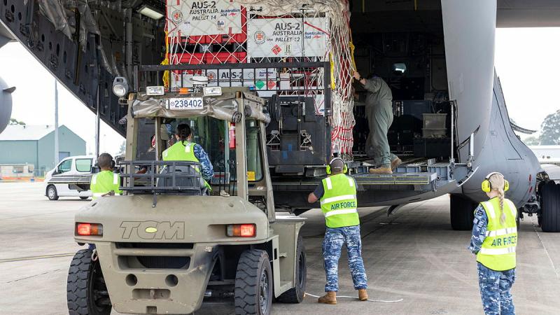 Cargo is loaded onto a RAAF C-17 Globemaster as part of the Australian Government’s response to the earthquakes and aftershocks in Türkiye and Syria. Photo: CPL Dan Pinhorn