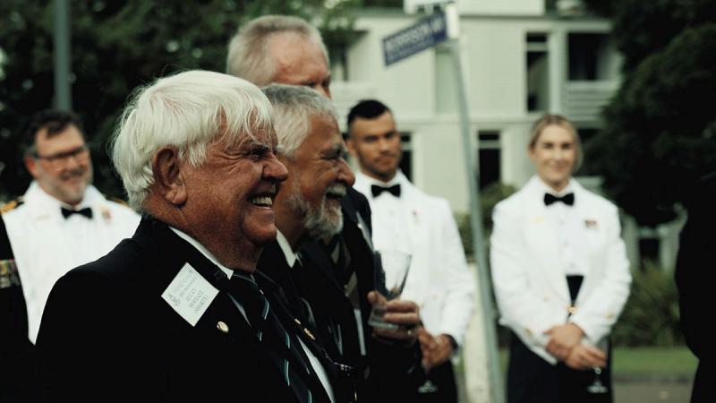 Allan Moffatt, from the Voyager Survivors Association, stands with other survivors during a ceremony to name the Voyager Mess at Creswell in Jervis Bay, NSW. Photos: Petty Officer Renee Mackenzie