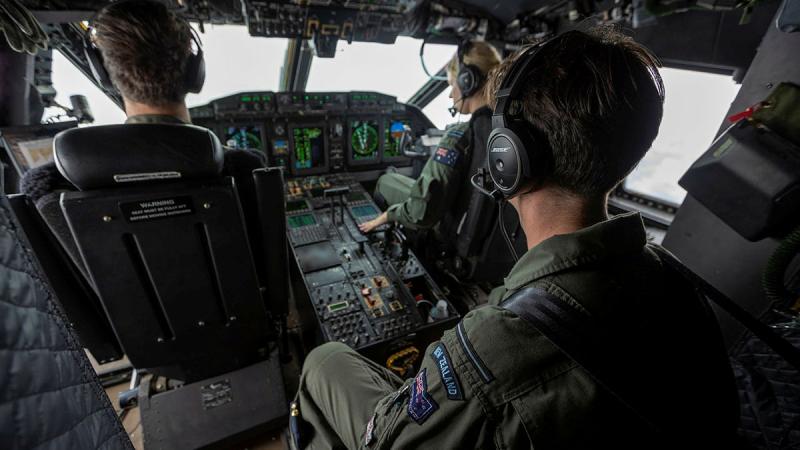 Royal New Zealand Air Force officer, Flying Officer Ben Pickering travels on board a RAAF C-27J Spartan to asses remote airfields affected by Tropical Cyclone Gabrielle. Photo: Leading Seaman Nadav Harel