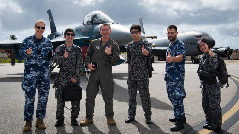 Aviators from the Royal Australian Air Force, US Air Force and Japan Air Self-Defense Force at Andersen Air Force Base, Guam, during Exercise Cope North. Photo: Staff Sergeant Pedro Tenorio (US)