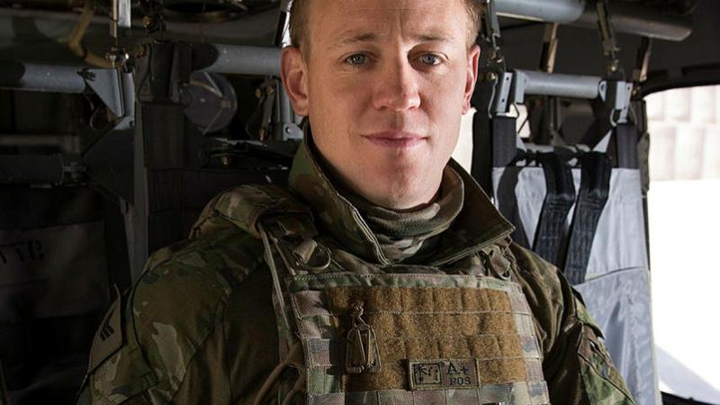  Then Sergeant Justin Cleggett inside an Afghan National Army UH-60 Black Hawk in 2019. Photo: Corporal Chris Beerens
