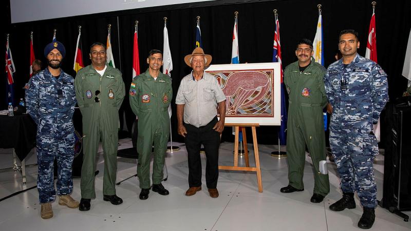 Then Flight Lieutenant Darpan Dhawan, far right, with personnel from the Indian Air Force during the Exercise Pitch Black 2022 opening ceremony in Darwin. Photo: Leading Aircraftwoman Emma Schwenke