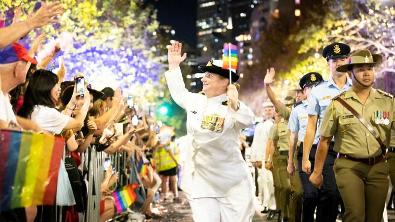 Defence LGBTI Information Service President, Lieutenant Rachel Cosgrove takes part in the 2023 Gay and Lesbian Mardi Gras Parade on Oxford Street, Sydney. Photo: Private Nicholas Marquis