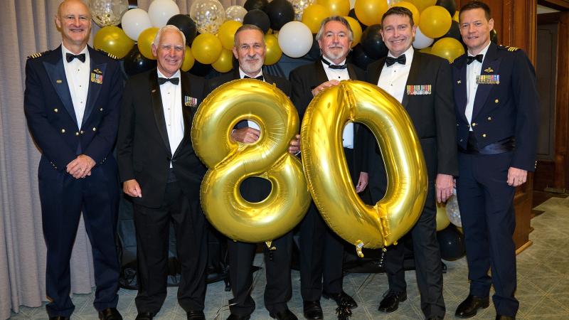 Past Commanding Officers of 34 Squadron join together with its current Commanding Officer to celebrate the squadron's 80th anniversary at a function held on February 24 at Old Parliament House, Canberra. From left; Phillip Trigge, Jim Cole, Alistair Dally, Andy Griffiths, Noel Derwort, and Wayne Baylis. Photo: Flight Sergeant Kev Berriman