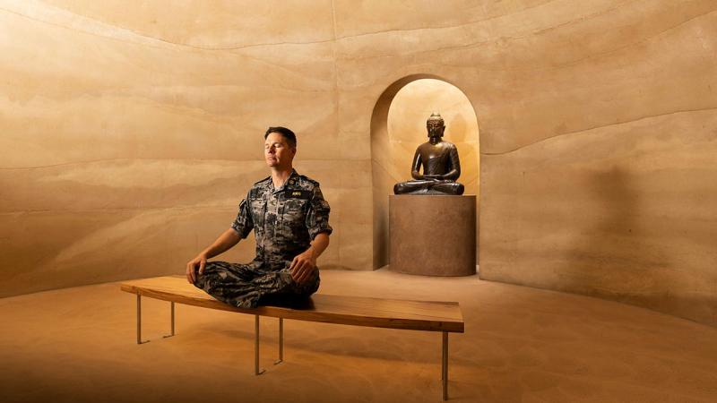 Chaplain Simon Edds meditates in the Spirit House at the Art Gallery of New South Wales in Sydney. Photos: Leading Seaman Daniel Goodman