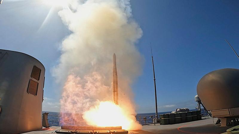 An Evolved Sea Sparrow Missile launches from HMAS Toowoomba during a workup period off the coast of Western Australia.