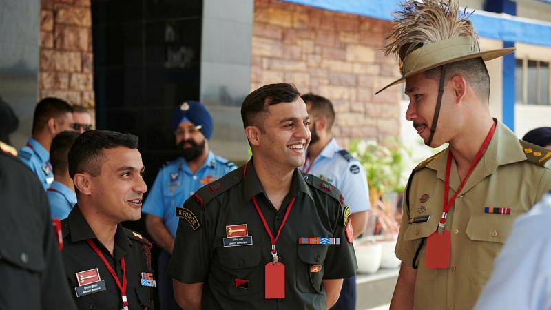 Indian Army officers Mrinal Kumar and Ankit Sharma meet Australian Army Captain Jason Greenwall at the General Rawat India-Australia Young Officer Exchange program. Photos: Lieutenant Stephen Hunter
