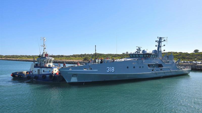 The fifth evolved Cape class patrol boat, the future ADV Cape Woolamai, after being launched at Henderson, WA. Photo: courtesy of Austal.