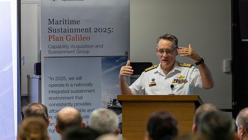 Head Maritime Sustainment Rear Admiral Steven Tiffen briefs the Cairns-based sustainment workforce during the Plan Galileo roadshow held at HMAS Cairns, Queensland. Photo: Leading Seaman Shane Cameron