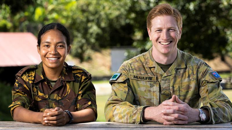  Australian Army officer Major Lachlan McAuliffe, with Papua New Guinea Defence Force officer Second Lieutenant Alvirah Bunemiga. Photo: Corporal Brandon Grey