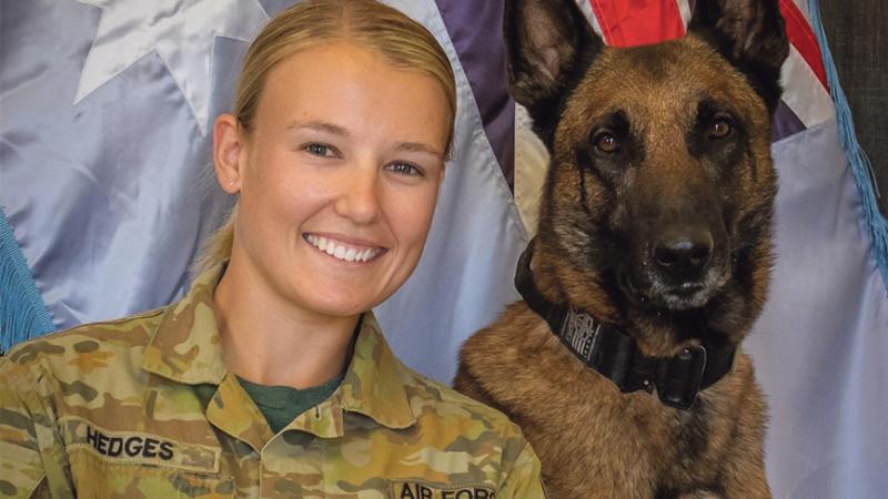 Leading Aircraftwoman Mikaela Hedges and her military working dog Odin make a formidable team in asset and personnel protection for the RAAF.