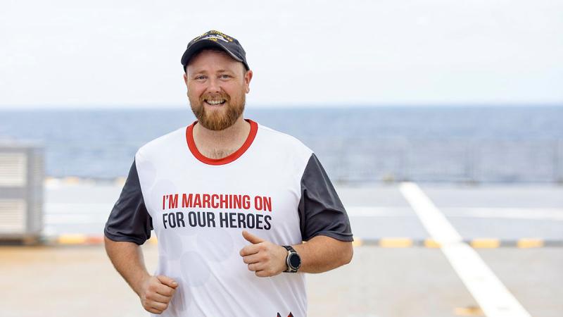 Leading Seaman Stephen Sadler took part in the March On fundraiser on board HMAS Choules. Photo: Able Seaman Jasmine Moody