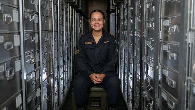 Royal New Zealand Navy sailor, Able Logistics Supply Specialist Shannon Edwards onboard HMAS Choules during first of class flight trials with the MH-60R Seahawk helicopter. Photo: Able Seaman Rikki-Lea Phillips